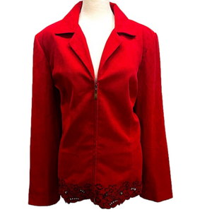 Red Faux Suede Zip Front Cut Out Flower Hem Blazer by Natural Impressions